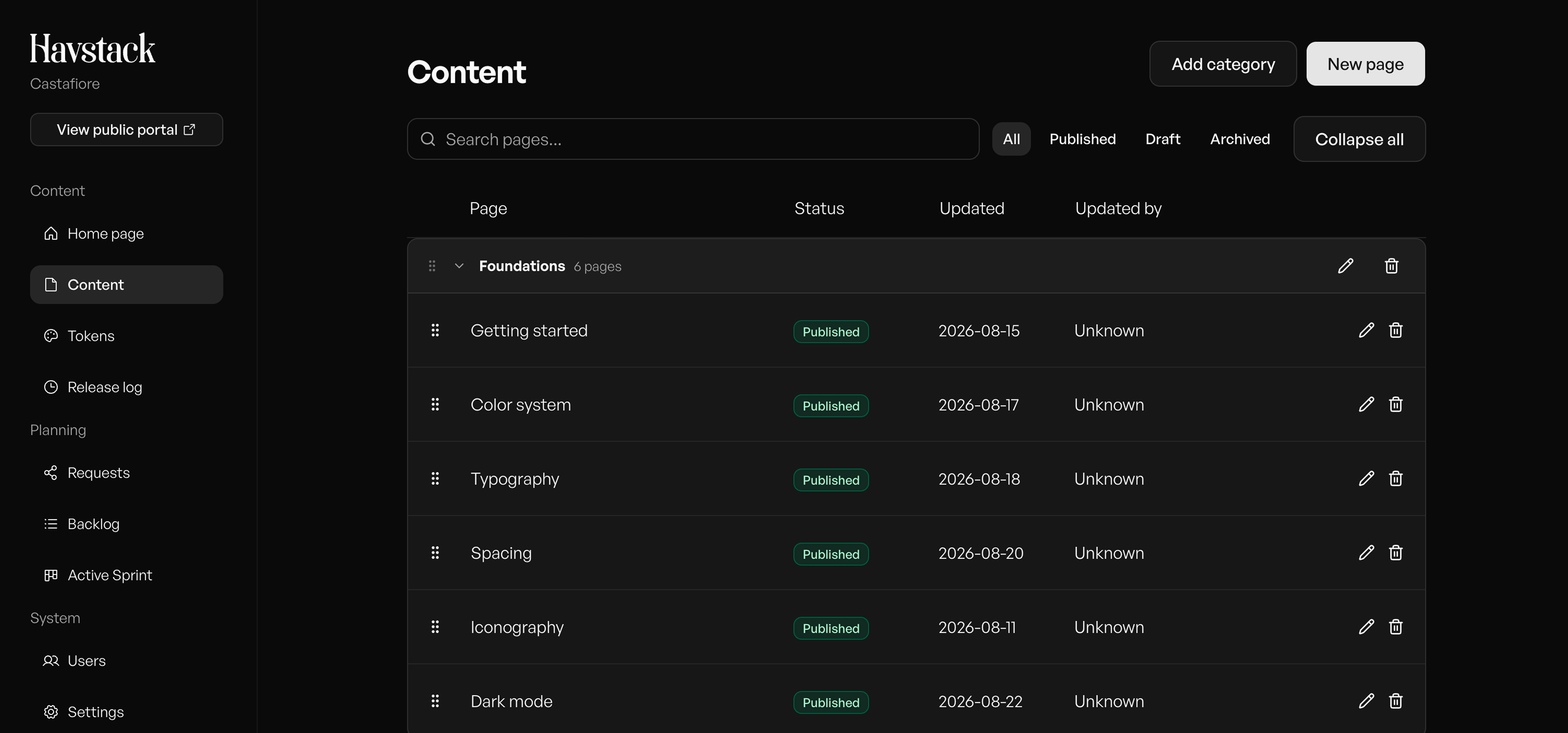 Havstack app interface showing content management